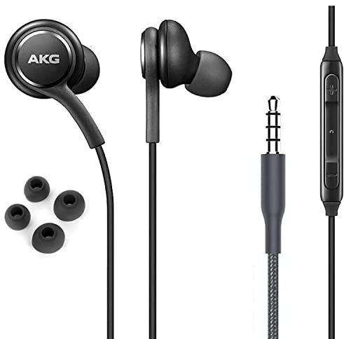 ElloGear Stereo-Ohrhörer für Samsung Galaxy S10, S10E Plus, Erstausrüster, kabelgebunden, entworfen von AKG, mit Mikrofon und Lautstärkeregler, schwarz