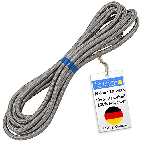Toldoro® Tauwerk 5m und Ø 6mm grau/Sonnensegel Seil aus Polyester/Tau Seil mit Reißlast von 800kg & Bruchlast 1050 daN/Spannseil für Sonnensegel, Flaggen oder als Abspannleine