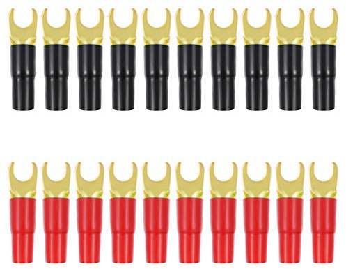 VOSAREA 10 Paires 8GA Cuivre Or Plaqué Cosse Fourche Adaptateurs Haut- Parleur À Sertir Barrière Pique Connecteurs Bouchons (Rouge Et Noir)
