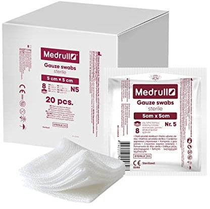 Medrull Compresses de gaze stériles 5 cm x 5 cm paquet de 100 pièces (20 packs x 5 Pcs) Tampons de gaze - Matériel de pansement - Premiers secours