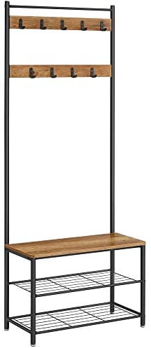 VASAGLE Garderobenständer, Kleiderständer mit Schuhablagen, Schuhregal mit Sitzfläche, für Flur, mit Haken, 3 Ablagen, aus Metall, Höhe 177 cm, Industrie-Design, walnussbraun-schwarz HSR041B41