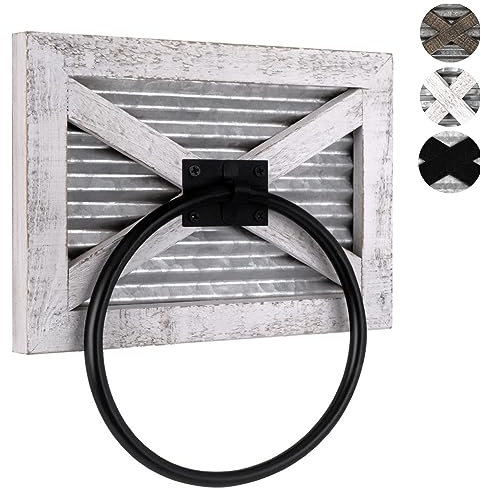 Autumn Alley Handtuchring für Scheunentür, weiß, rustikal, Wandmontage, Bauernhaus-Handtuchhalter, Mischung aus Holz und verzinktem Metall und schwarzem Ring für Landhaus-Charme – Vintage Home Decor
