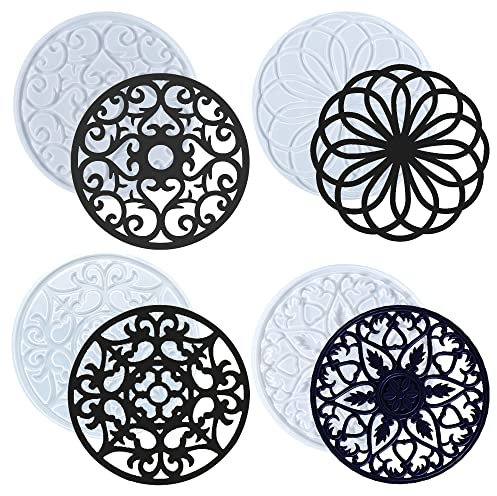 Woohome Lot de 4 dessous de verre en résine - Moule en silicone - Fleur creuse - Dessous de verre - Forme mandala - Résine époxy - Pour tasses, dessous de verre, décoration de maison