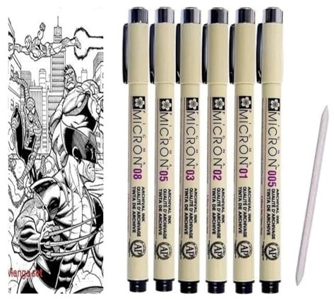 SAKURA Pigma Micron Pigment Fineliner, Schwarz, 6 Stück .005 .01. 02. 03. 05. 08. Made in Japan