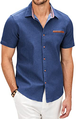 COOFANDY Shirts for Men Short Sleeve Casual Dress Shirts Summer Denim Work Button Down Shirt Western Cowboy Shirt Blue 3XL