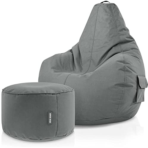 Green Bean 2er Set Sitzsack mit Rückenlehne + Hocker rund - Gaming Chair, EPS-Perlen Füllung, Waschbar, Wetterfest - Gemütlicher Lounge SitzHocker rund für Indoor und Outdoor in Grau