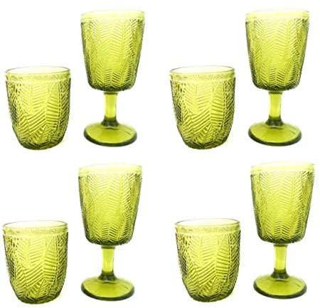 Calice + bicchieri vino acqua vetro colore verde set 8 pezzi - Foliage