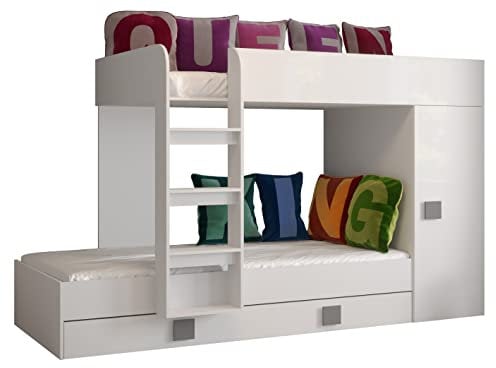 KRYSPOL Etagenbett für 2 Kinder Toledo 2 Stockbett mit Treppe und Bettkasten (Weiß + Weiß Glanz + Grau Griffe)