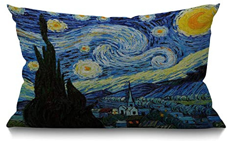BGBDEIA Van Gogh Kissenbezug 30x50 cm, klassische Kunst, Sternennacht, Bauernhaus, Himmel, Mond, rechteckige Kissenbezüge, Heimdekoration, Baumwolle, Leinen, Wurfkissenbezug für Bett, Sofa, 30x50 cm