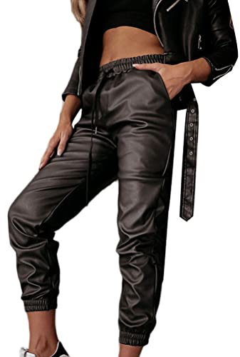 Onsoyours Pantalon Taille Haute Effet Cuir Mouillé avec Fermeture Éclair pour Femme PU Coated Pantalon Femme Pantalons Taille Haute Treggings Skinny 04 Noir XL