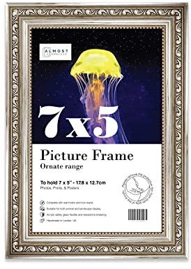 Almost Frameless 7x5 Silver Ornate Picture Frame 7x5(17.7x12.7cm) Poster, Photo, Artwork, or Print. Antique Style Portrait and Landscape Display with Wall Hooks