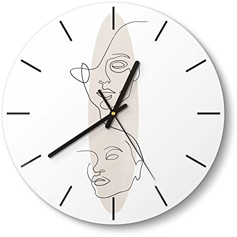 DEQORI Glasuhr | rund Ø 30 cm | Motiv Linien-Gesichter vor Oval | ausgefallene leise Design Uhr aus Glas | Wanduhr für Wohnzimmer & Küche | Moderne Hingucker Uhr für die Wand