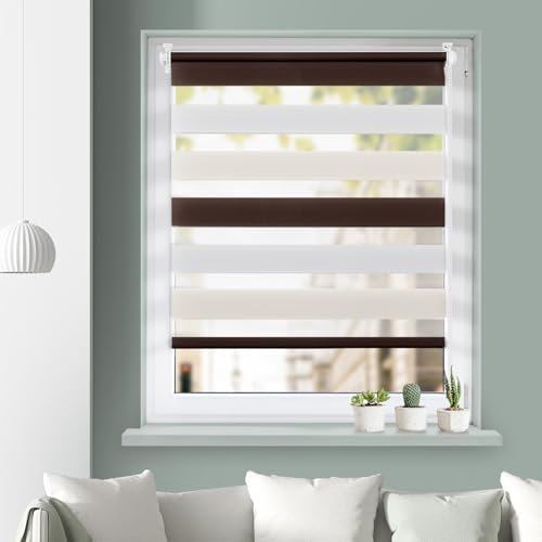 Grandekor Doppelrollo Klemmfix ohne Bohren Weiß-Beige-Braun 60x110cm(Stoffbreite 56cm) Fenster Rollos für innen Klemmrollos Duo Rollos für Fenster ohne Bohren mit Bohren Privatschutz Zebrarollo