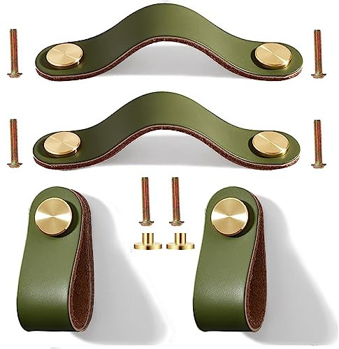 Yuaaoh Poignée Cuir Pour Meubles 4 Pièces Poignée de Tiroir en Cuir Poignées Cuir de Placard Boutons de Porte de Tiroir en Cuir Poignée en Cuir 13,8cm Vert