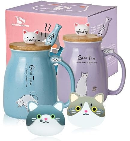 SHENDONG Lot de 2 tasses à café mignonnes en céramique avec couvercle en bambou et cuillère - Tasse 3D pour les amateurs de chats (bleu et violet)