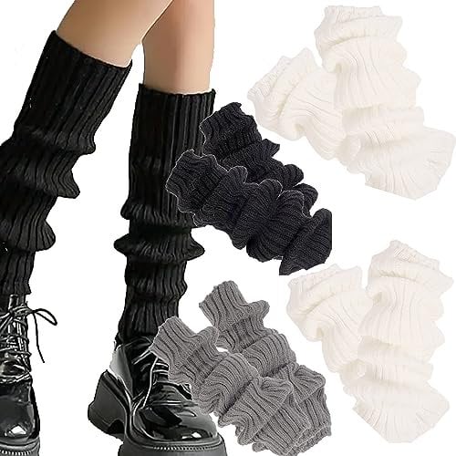4 Pairs Knit Leg Warmers for Women Japanese Style Winter Boot Socks Solid Striped Leg Warmers Trendy Winter Leg Warmers for Party, Rib Knit Leg Warmers for Girls (Stripe)