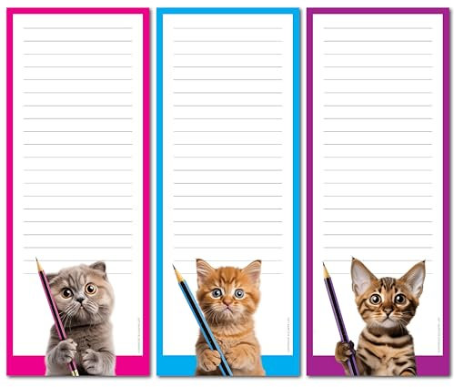 Elwyn Life Funny Cats Große magnetische Notizblöcke für Kühlschrank (3 Stück) – 50 Blatt pro Block zum Abreißen – 8,9 x 22,9 cm – Einkaufsliste Magnetblock für Kühlschrank – niedliche Notizblöcke für