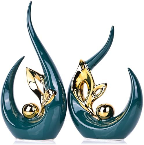 XMGZQ Grün und Gold Keramik Statue Satz von 2,Moderne Abstrakte Skulptur Design,24 cm Porzellan Figuren Haus Deko,Tischdekoration für Wohnzimmer,Schlafzimmer,Esszimmer,Büro,Kunststatue