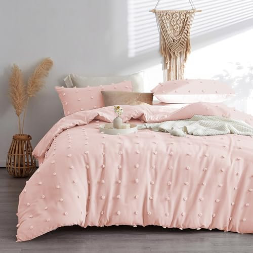 Tospass Boho Bettwäsche 200x220 3 Teilig mit Stickerei Rosa Böhmen Chic Bettwäsche Getuftet Pom Pom Gewaschene Microfaser Weiche Bettwäsche-Sets 1 Bettbezug mit Reißverschluss und 2 Kissenbezug 80x80