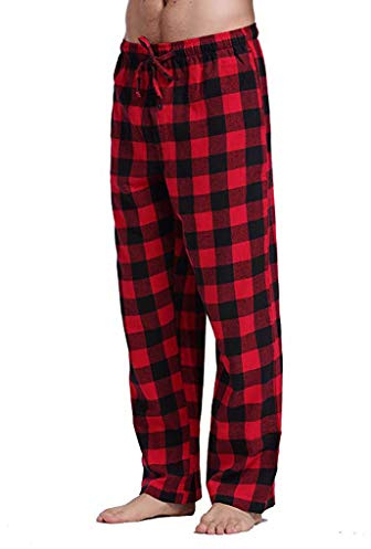 UnoSheng Pantalon de pyjama long en coton pour homme - Pantalon de pyjama long à carreaux rouge avec poches - Coupe décontractée - Pyjama léger de Noël - Pantalon de loisirs