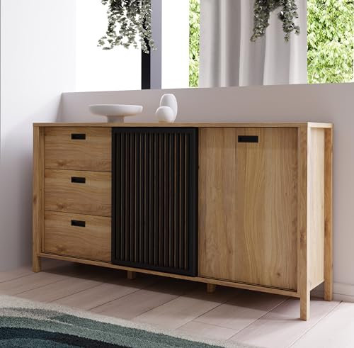 möbelando Sideboard >Jecho< in Mauvella Eiche/Schwarz - 174,8x91,5x40,2cm (BxHxT)