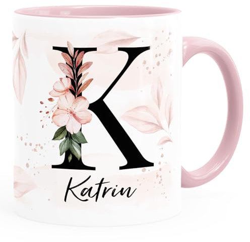 SpecialMeKaffee-Tasse Monogramm Initiale mit Namen personalisiert Blumen Blüten Dekor Floral Buchstabe floral weiss-innen-rosa standard