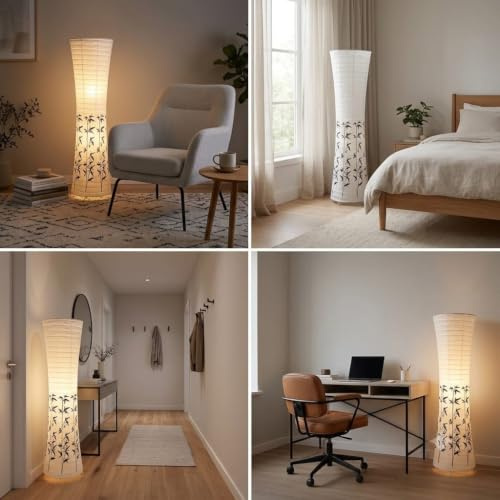 Trango Design Stehlampe 1217L *BEIJING* Reispapierlampe *HANDMADE* in Weiß mit Bambus Motiv inkl. 2x 5 Watt E14 LED Leuchtmittel - Form: Rund - Höhe: ca. 125cm Wohnraumlampe - Stehleuchte - Reispapier