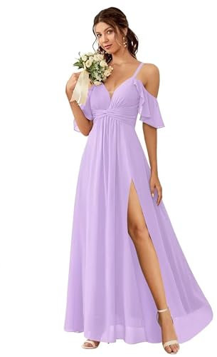 Schulterfreies Chiffon-Brautjungfernkleid mit Schlitz, A-Linie, Brautjungfernkleider 2024, Brautjungfernkleid mit Spaghettiträgern, Flieder, 48
