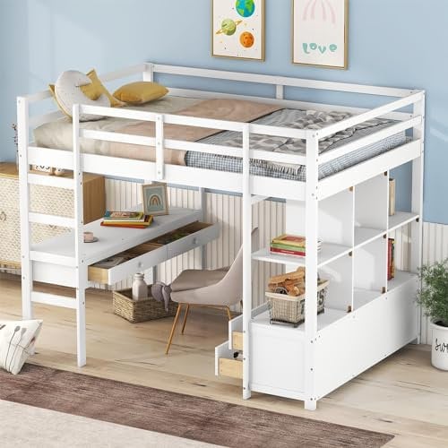 Skcess 140 X 200Cm Kinderhochbett Mit Stauraumschubladen Und Unterbettschreibtisch, Weiß