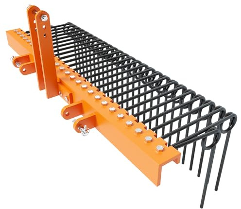 182,9 cm langlebiger, pulverbeschichteter Stahl, Kiefernstrohrechen, Stahlfeder-Landschaftsrechen, Befestigung an Cat 0, Cat 1,3-Punkt-Anhängerkupplung für Traktor, Orange