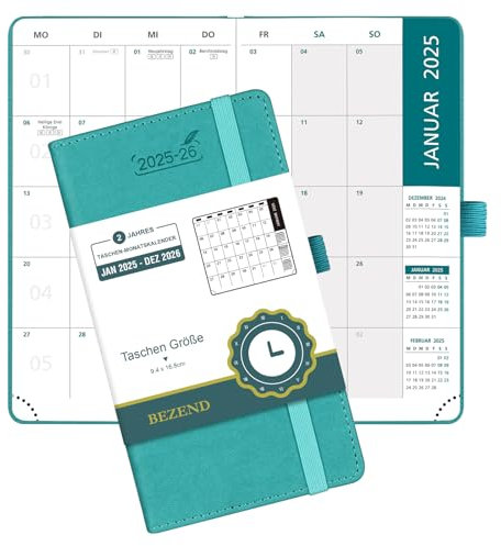 BEZEND 2 Jahres Kalender 2025 2026, Terminplaner 16,8 x 9,7 cm, 1 Monat auf 2 seiten von Jan 2025 bis Dez 2026, PU-Leder Hardcover Monatsplaner mit Innentasche - Türkis