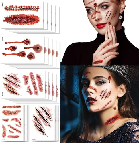 20 Fogli Tatuaggi di Halloween Scar Grandi, Halloween Scars Tatuaggi Adesivi Tatuaggi Falsi Tatuaggi di Halloween Temporanei Trucco Props halloween Adesivi Viso, Scary Costumi di Halloween