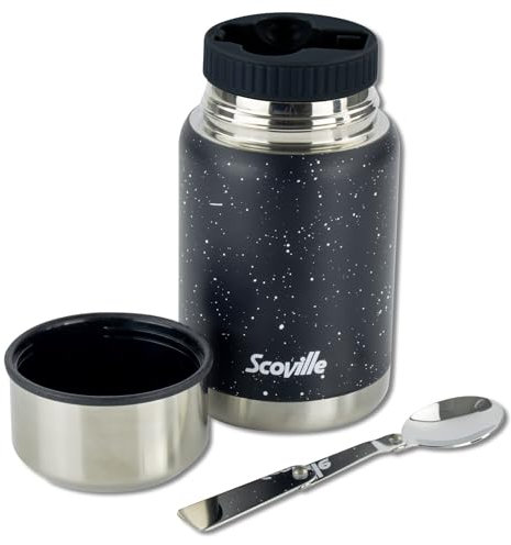 Scoville NEVERLEAK 500ml Insulated Food Flask with Foldable Stainless Steel Spoon, Double Walled Vaccum Insulated, Leakproof Lid, Hot for 12 Hours, Cold for 24 Hours, BPA Free, Travel Flask, Black