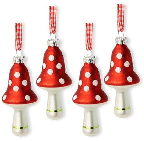 The Bridge Collection 3.5 Red and White Polka Dot Glass Red Mushroom Ornaments - Set of 4 - Vintage-Inspired Christmas Tree Decor - Festive Holiday Decorations