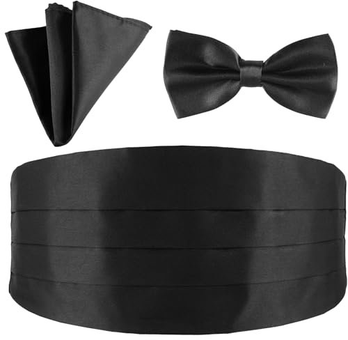 Black Bow Tie Cummerbund for Men Handkerchief Set Adjustable Solid Cumberband for Men Satin Cummerbund Pretied Bow Tie Breast Pocket Handkerchief Set for Bar Party Wedding Special Occassions