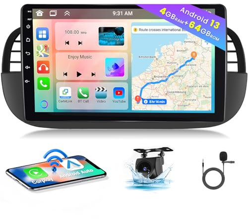 Hikity [8 core 4+64GB] Android 15 Autoradio für FIAT 500 2007-2015 Radio Wireless CarPlay Android Auto Bluetooth Freisprecheinrichtung Bildschrim 9 GPS WiFi SWC USB Type-C DSP(Black)