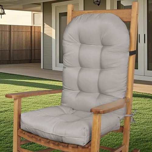 FlyGulls Outdoor Patio Chair Cushions Waterproof One-Piece Tufed Rocking Chair Cushion with Ties High Back Adirondack Pads for Patio Furniture (1, Light Grey)