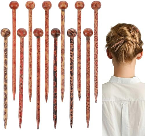 12 PCS Wooden Hair Sticks, Boho Vintage Japanese Chinese Hairpin Decorative Hanfu Pins Bun Holders Hair Chopsticks for Women Girls Chignon Bun Updo Hairstyle Accessories