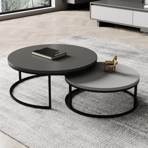 LumivoxNest Modern Nesting Coffee Tables Set of 2, Round Walnut Wood Top with Black Metal Frame, Contemporary Living Room Tables
