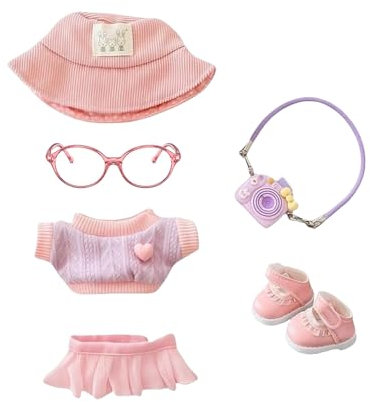 Mrltau Abiti Informali per Bambole Portachiavi Vinyl Plush Toy, con Cappello da Pescatore in Velluto a Coste Gilet a Maglia Gonna a Pieghe Fotocamera Decorativa Scarpe, Accessori per Outfit di Ba