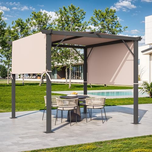 EROMMY 3x3m Outdoor Metal Pergola, Metal-Freestanding Shelter with Sides, Canopy for Patios, Beige