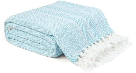 EHC Pre-Washed Throw Blanket, Handwoven Cotton Throws for Sofas Bed cover Settee Couch Reversible, Single 127 x 152 cm, Blue