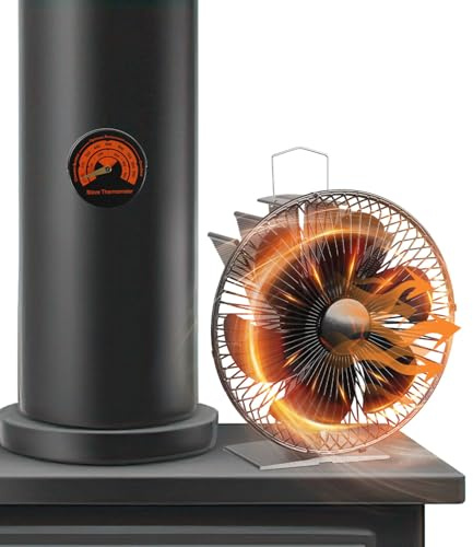 Ollewiellan Ventilatore per camino, 6 fogli, con custodia protettiva e termometro, ventilatore da forno senza corrente, efficiente strumento per camino, stufa a legna, 19 x 10,5 x 20,5 cm