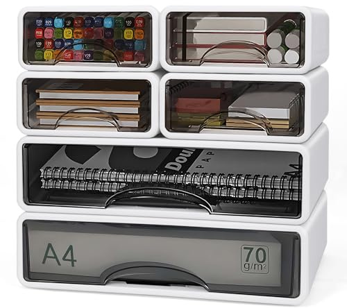 6er Schreibtisch Schubladenbox mit Schubladen, A4 A5 Gross Büro Organizer | Stapelbare Aufbewahrungsbox mit Schublade, Desktop Kunststoff Schubladenboxen für Stifte, Radiergummi und Schreibwaren