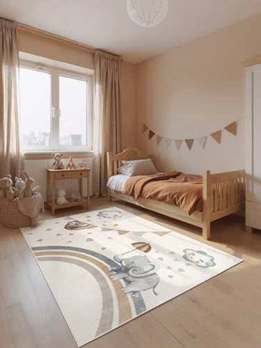 Villeroy & Boch Boho Kids - Kinderteppich - Walk Like an Elephant Rainy Party - weicher Kurzflor, Kinderzimmer Mädchen & Junge, Tiermotiv Spielteppich, Krabbelteppich - Creme Multifarben, 160x230 cm