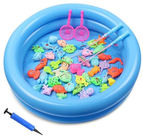 WDKXCN Angeln Spielzeug, 50 Stück Magnetisches Angelspiel mit Pool Rute & Netz, Angelspiel Magnet, Badewannenspielzeug Wasserspielzeug Kinder, Angelspiel Badewanne für Kleinkinder Kindern