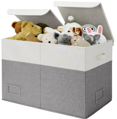 GRANNY SAYS Aufbewahrungsbox mit Deckel Kinder, Grosse Spielzeugkiste mit Deckel, Faltbar Aufbewahrungsbox Spielzeug, Aufbewahrungsbox Kinderzimmer mit Griffen, Weiß-grau Spielzeug Box mit Deckel