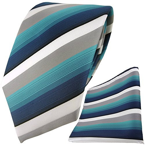 TigerTie Designer Krawatte Designer Einstecktuch in türkis petrol grau weiss gestreift