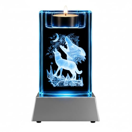 Kaltner Präsente Stimmungslicht - Das perfekte Wölfe Geschenk: LED Kerze/Kristall Glasblock / 3D-Laser-Gravur/Wolf Lampe Tier, LED Nachtlicht für Kinder Jungen Männer, Teelichthalter