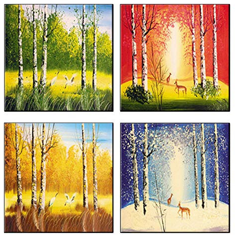 Farbe Baum 4 Stück Leinwand Wandkunst Frühling Sommer Herbst Winter Vier Jahreszeiten Landschaftsmalerei Bild Drucke Moderne Kunstwerke für Heimtextilien